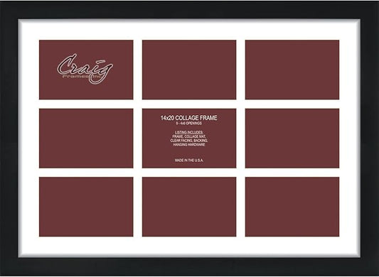 Craig Frames Contemporary, 14x20 Black Picture Frame with White Collage Mat, 9 Openings for 4x6 Prints