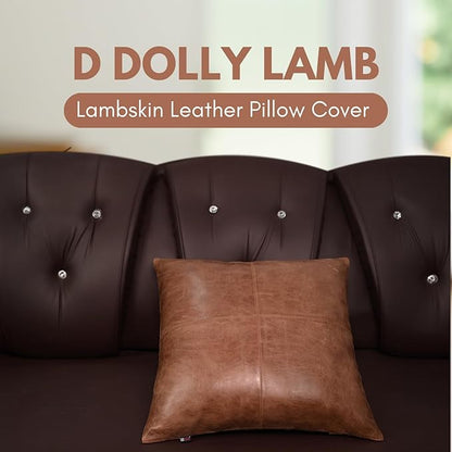 D DOLLY LAMB Lambskin Leather Pillow Cover - Sofa Cushion Case - Decorative Throw Covers for Living Room & Bedroom, 14x14 Inches - Tan & Brown Plain Pack of 2