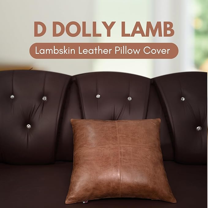 D DOLLY LAMB Lambskin Leather Pillow Cover - Sofa Cushion Case - Decorative Throw Covers for Living Room & Bedroom, 18x18 Inches - Tan & Brown Plain Pack of 1