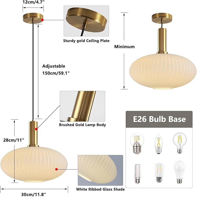 KCO Lighting Large Milk Glass Pendant Lighting Kitchen Island Brushed Brass Globe Pendant Light Mid Century Modern Hanging Light Fixture Gold White Pendant Light