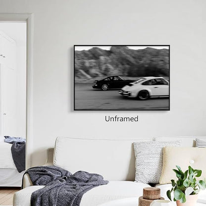 Black and White Photography Canvas Wall Art, Race Cars Aesthetic Poster, Trendy Classic Car Racing Photo Print Gift for Timeless Speed Enthusiasts, Man Cave Bedroom Wall Decor 16x24in Unframed