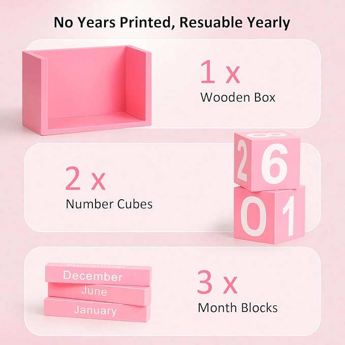 Wooden Block Calendar for Desk, Small Size Daily Desktop Perpetual Desk Calendar, Cute Date Display Desk Accessories for Home Office Decor, Teacher, Classroom, Reusable Yearly, Pink