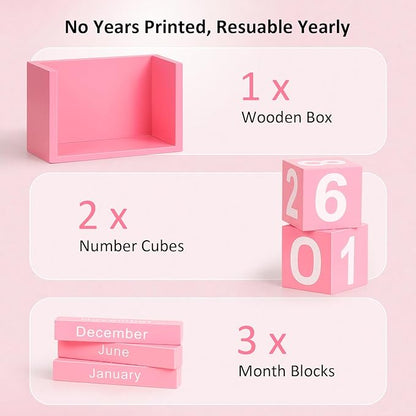 Wooden Block Calendar for Desk, Small Size Daily Desktop Perpetual Desk Calendar, Cute Date Display Desk Accessories for Home Office Decor, Teacher, Classroom, Reusable Yearly, Pink