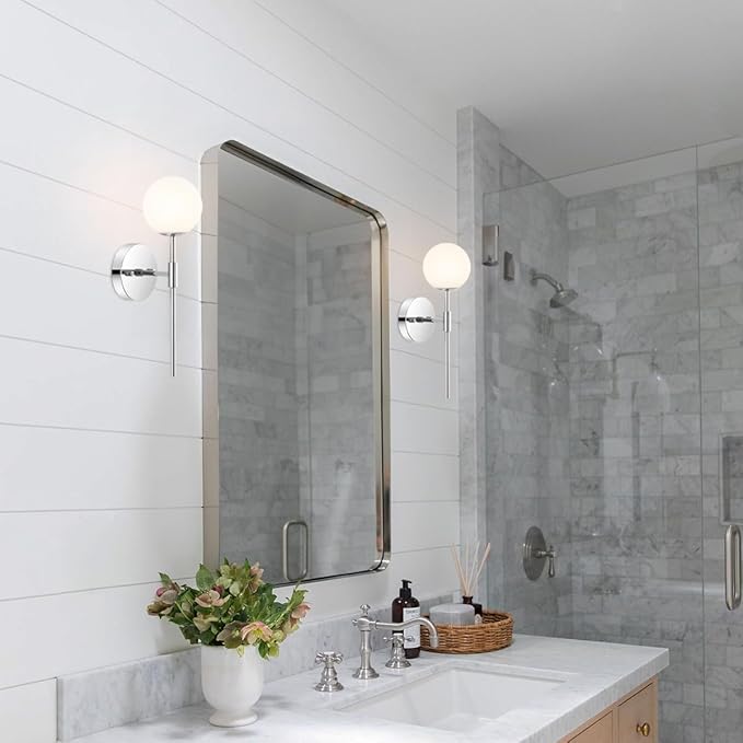 Modern Wall Sconce Set of 2 White Globe Glass Shades Mid Century Bathroom Vanity Wall Light Fixtures Industrial Wall Lamp for Bedroom Mirror Living Room Restaurant (Chrome Color)