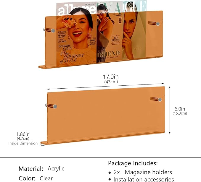 2-Pack Acrylic Magazine Holder - 24 Inch Wall Mounted Floating Bookshelf for Brochures, Records & Books, Modern Storage Rack for Office, Living Room, Waiting Room (Orange, 24 Inch)