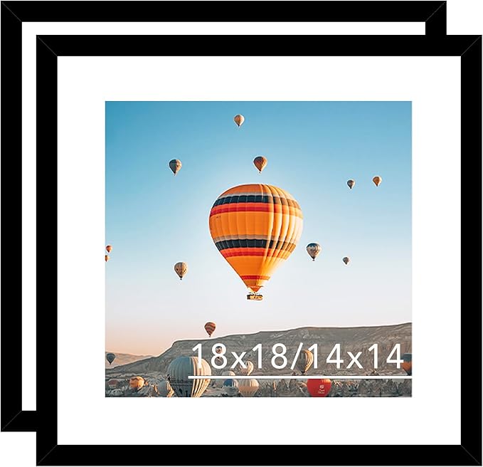 18x18 Picture Frame Set of 2 Black with 14x14 Mat, Display Photo 14x14 with Mat or 18 x 18 Without Mat, Wall Hanging Large 18x18 Poster Frame with Shatter Resistant Plexiglass, 2 Pack, Black