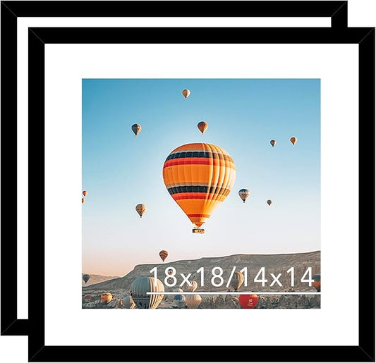 18x18 Picture Frame Set of 2 Black with 14x14 Mat, Display Photo 14x14 with Mat or 18 x 18 Without Mat, Wall Hanging Large 18x18 Poster Frame with Shatter Resistant Plexiglass, 2 Pack, Black