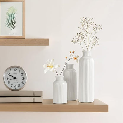 Small White Ceramic Vase Set of 3, Boho Modern White Flower Vase Room Decor, Farmhouse Decor, Vases for Your Kitchen, Bathroom, Bedroom, Living Room, Office&Shelf Centerpiece Table Decorations
