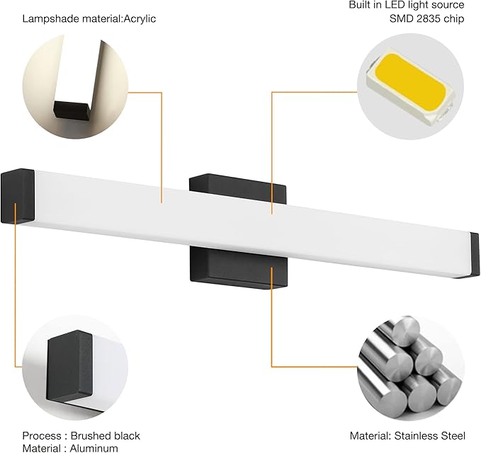 Bathroom Vanity Light Brushed Nickel Square LED 24 inch 14W 4000K Natural White Light Wall Bar Lighting Fixtures Over Mirror (Matte Black, 24in)