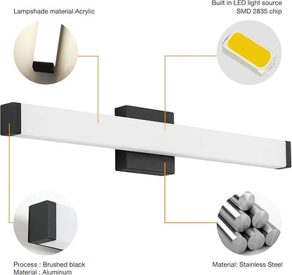 Bathroom Vanity Light Brushed Nickel Square LED 24 inch 14W 4000K Natural White Light Wall Bar Lighting Fixtures Over Mirror (Matte Black, 24in)