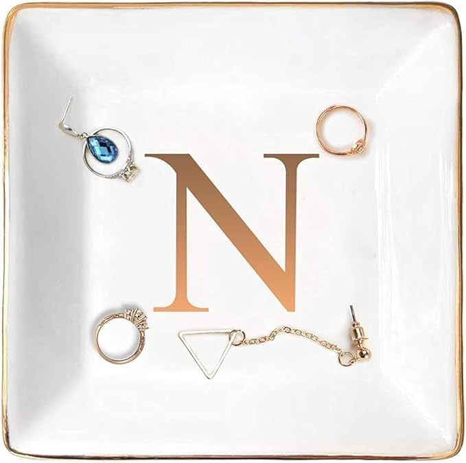 ANOTION Jewelry Tray Ring Dish with Ini-tial Gift- Personalized Trinket Dish and Jewelry Dish with Gold Initials Key Bowl Ceramic Holder, Unique Wedding or Engagement Present