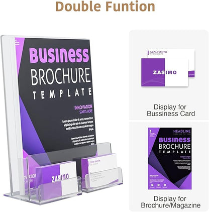 Acrylic Brochure Holder with Business Card Holder, 8.5"x 11", Clear Flyer Stands for Display, Ideal for Trade Show, Menu, Journals, Pamphlet, Magazine, Booklets, Literature (2-Pack Acrylic)