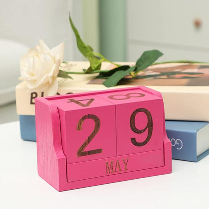 Block Calendar,Wooden Perpetual Blocks,Small Desk Decor for Office Desktop Vintage Month Date Number Cubes Display Home Chic Rustic Decoration(Hot Pink)