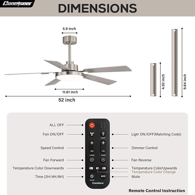 52 Inch Ceiling Fans with Lights and Remote for Bedroom Living Room Kitchen Office, Indoor/Outdoor Use, 5CCT Dimmable, 5 Blades, 6 Speed Reversible Quiet DC Motor, Sand-nickel/Wood Grain