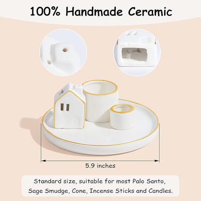 ZenBless 5 in 1 Incense Holder Burner for Palo Santo, Sage, Incense Sticks/Cones and Candle - Ceramic Incense Cone Smudge Tray,Aromatherapy Home Decoration