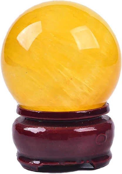JIC Gem Natural Yellow Fluorite Crystal Sphere Crystal Decorative Ball with Wooden Stand Meditation Balls for Witchcraft Reiki Gift 40-50mm