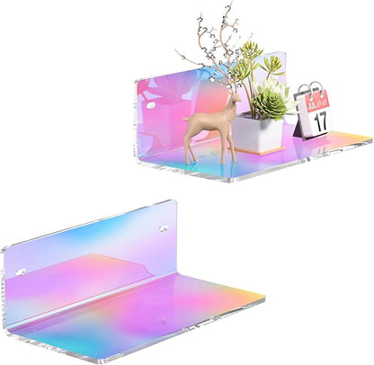 Sezanrpt 8 Inch Iridescent Shelf for Wall, Acrylic Small Floating Shelf, Home Wall Shelf Organizer for Room Storage, Room Décor, Space Saving, 4'' Depth, 2 Pack