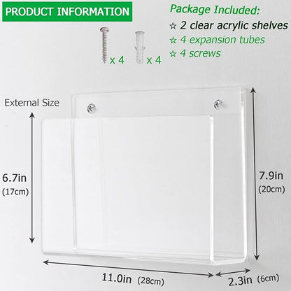 2 Pcs Magazine Holder, Wall Mount Clear Acrylic Magazine Rack, Organizer Folder, Bookshelf, File Storage Rack for Waiting Room, Living Room, Office, Home Display