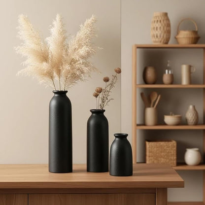 CEMABT Black Ceramic vase Set-3 Flower vases for Decor,Modern Boho Farmhouse Home Decor,Decorative vase for Pampas Grass&Dried Flowers,idea Shelf,Table,Bookshelf