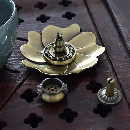 Sakura Flower Incense Holder, 5PCS Bronze Incense Burner Holder with Silk Pouch, Bowl-Shape, Lotus Multihole, Cone Shape and Gourd-Shape Ash Catcher Yoga Room Living Room Bedroom Home Fragrance