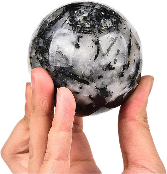 JIC Gem Natural Black and White Tourmaline Crystal Sphere with Wooden Stand Black Quartz Crystal Ball Healing Ornament Specimen Altar Reiki Crystal 60-70mm