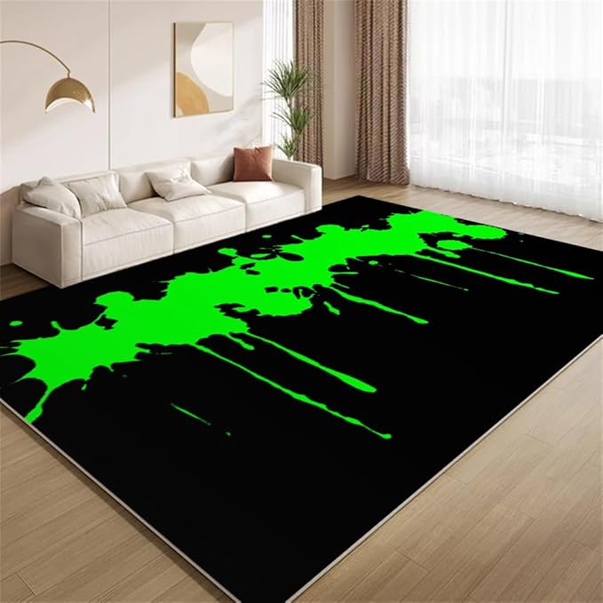 Fluorescent Green Arcade Rug 5x8 Area Rugs Modern Black Green Rugs Non Slip Low Pile Faux Wool Indoor Throw Carpet for Living Room Bedroom Gameroom Study Office Entrance Foyer
