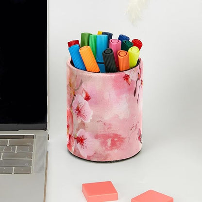 Pen Holder for Desk, Pink Cherry Blossoms Japanese Pattern Round Leather Stand Pencil Cup Office Desk Organizer for Women Men Teachers, 3.9 x 3.9 x 3.1 inches