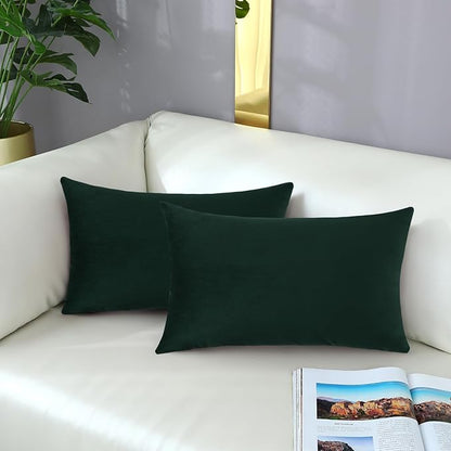 mixeoo Comfy Dark Green Throw Pillow Covers Christmas Decorative Long Lumbar Solid Thick Velvet Super Soft Cushion Cases Home Decor for Sofa Couch Living Room Chair, Set of 1, 14 x 36 Inch