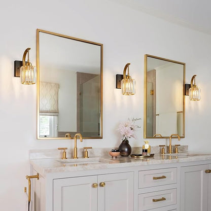Wall Sconces, Set of 2 Black Gold Crystal Vanity Lights, Modern Wall Lamp for Bathroom, Hallway, and Makeup, Easy Installation
