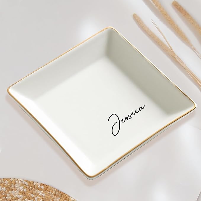 Gossby Personalized Jewelry Tray - Gift for Women Mom Friend with Name - White Ceramic Trinket Tray Dish Plate for Ring Earring Bracelet - Custom Gift Mothers Day Birthday Christmas