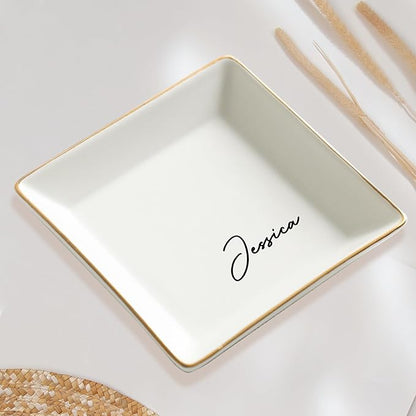 Gossby Personalized Jewelry Tray - Gift for Women Mom Friend with Name - White Ceramic Trinket Tray Dish Plate for Ring Earring Bracelet - Custom Gift Mothers Day Birthday Christmas