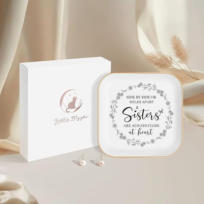 Best Friend Birthday Gifts for Women – Side by Side Or Miles Apart, Sisters are Always Close at Heart，Sister Gift - Gifts for Friends Going Away Friendship Ceramic Ring Dish (Sister)