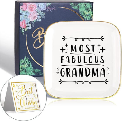 Littlefa Fabulous Grandma Quote Ceramic Ring Dish Decorative Plate Jewelry Trinket Tray - Unique Meaningful Gift for Grandma, Mother's Day, Birthday, Christmas