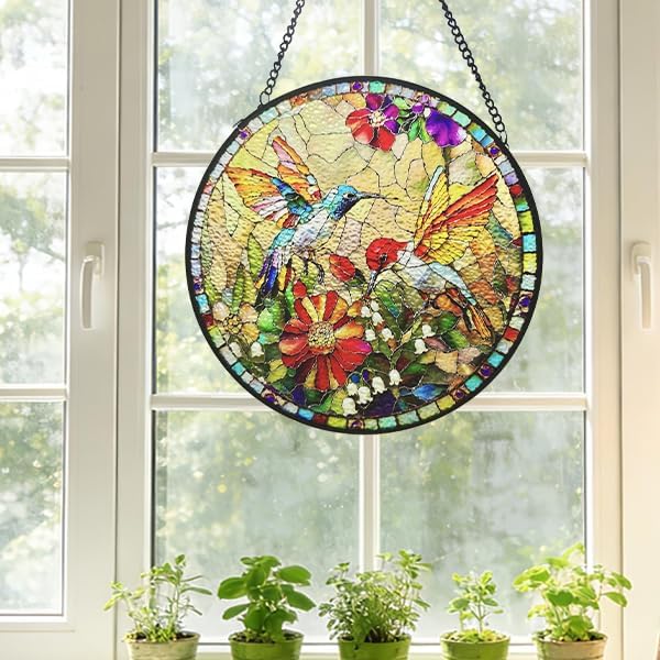 Stained Glass Window Hanging, Hummingbird Gifts Sun Catcher, Sun Catchers Indoor Window, Colorful Glass Panel,Suncatcher Room Decor,Gifts for Grandma Mom Wife,Aunt Birthday Gifts for Women 7.8in