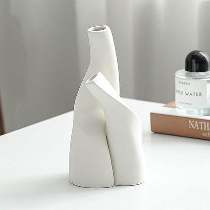 Irregular Circular Cross Ceramic Vase Set,Modern Minimalist Abstract Art Flower Vase for Home Decor,Decorative Small Bud Vase for Home Office Shelf Decor(White)