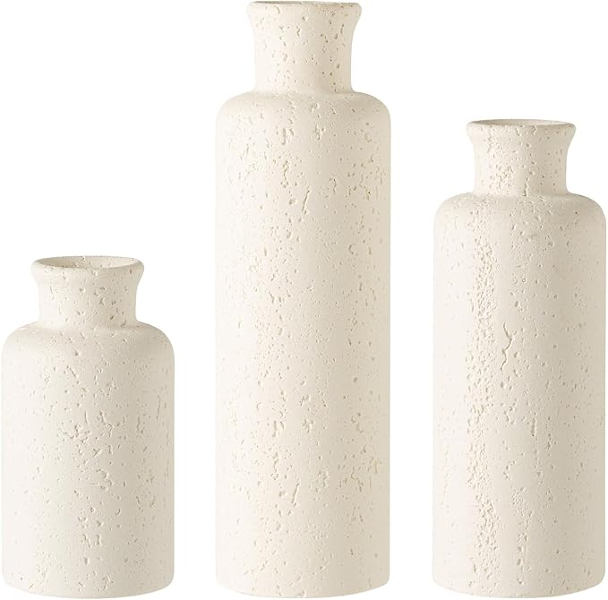 Flower Vase Set, Stone Look, 3 PCS Small Decorative Bud Vases for Pampas Grass, Farmhouse Decor, Kitchen, Living Room, Bathroom, Bedroom, Office, Shelf Centerpiece Table Decoration (White)