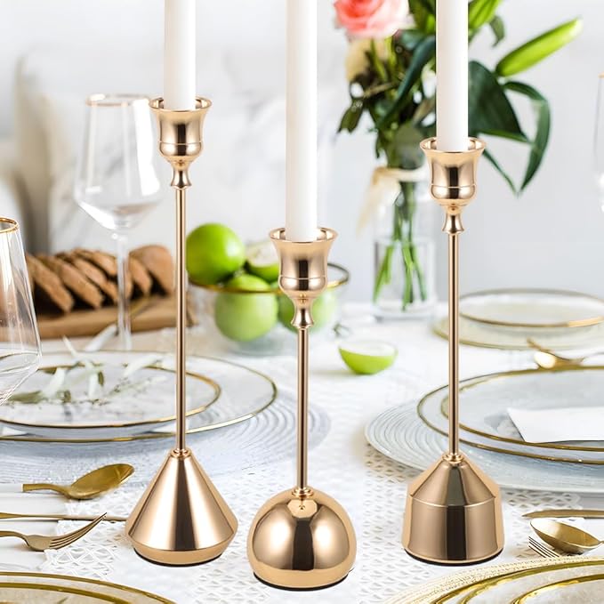 Elegant Vintage Champagne Gold Candlestick Holders, Set of 3 Taper Candle Holders with Weighted Base for Wedding, Dining Table, Holiday Decor