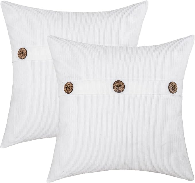 HWY 50 White Chenille Throw Pillow Covers 18x18 Inch with Triple Buttons, Soft Farmhouse Accent Decorative Cushion Cases for Couch Sofa Bed Living Room Bedroom Pack of 2