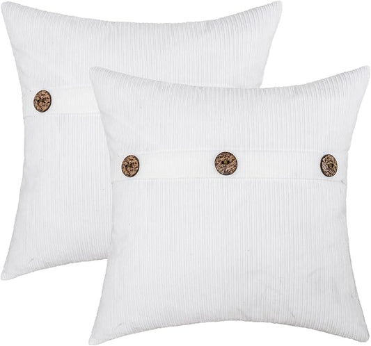HWY 50 White Chenille Throw Pillow Covers 18x18 Inch with Triple Buttons, Soft Farmhouse Accent Decorative Cushion Cases for Couch Sofa Bed Living Room Bedroom Pack of 2