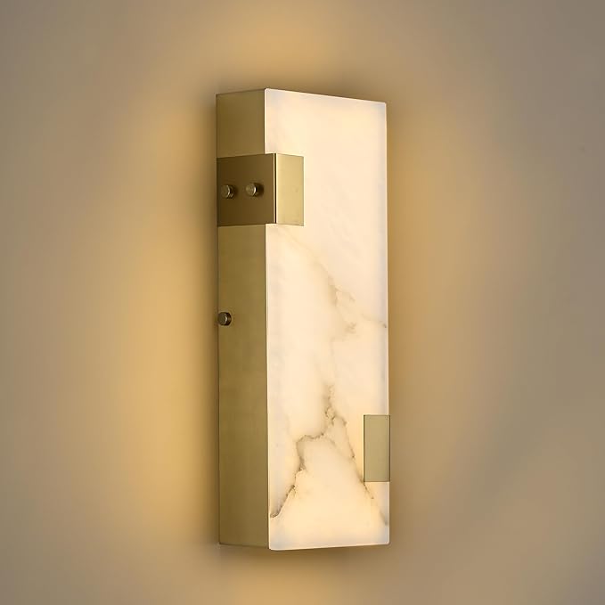 Modern Brass and Alabaster Wall Sconce 14.17in with Spanish Marble and an Elegant Dimmable LED (3000K Warm Light) for Bedroom Living Room Hallway