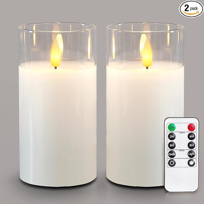 5plots Flameless Battery Operated Candles Set of 2, White LED Candles with Remote Timer, Real Wax Glass Pillar Candles Warm Flickering Light for Indoor Home, Halloween, Christmas Decor D3 x H6 6"