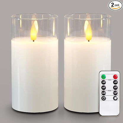 5plots Flameless Battery Operated Candles Set of 2, White LED Candles with Remote Timer, Real Wax Glass Pillar Candles Warm Flickering Light for Indoor Home, Halloween, Christmas Decor D3 x H6 6"