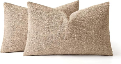 MIULEE 12x20 Inch Decorative Lumbar Throw Pillows for Bed Set of 2 Textured Boucle Neutral Winter Throw Pillow Covers Khaki Accent Solid Pillowcases Sofa Livingroom Home Decor