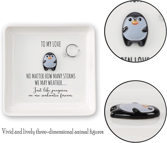 HOME SMILE Ramantic Valentines Christmas Gifts for Girlfriend Her Wife Couples Ring Dish Jewelry Tray,To My Love Penguin Present Valentines,Wedding Aniversary Birthday Gift For Women