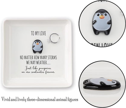 HOME SMILE Ramantic Valentines Christmas Gifts for Girlfriend Her Wife Couples Ring Dish Jewelry Tray,To My Love Penguin Present Valentines,Wedding Aniversary Birthday Gift For Women