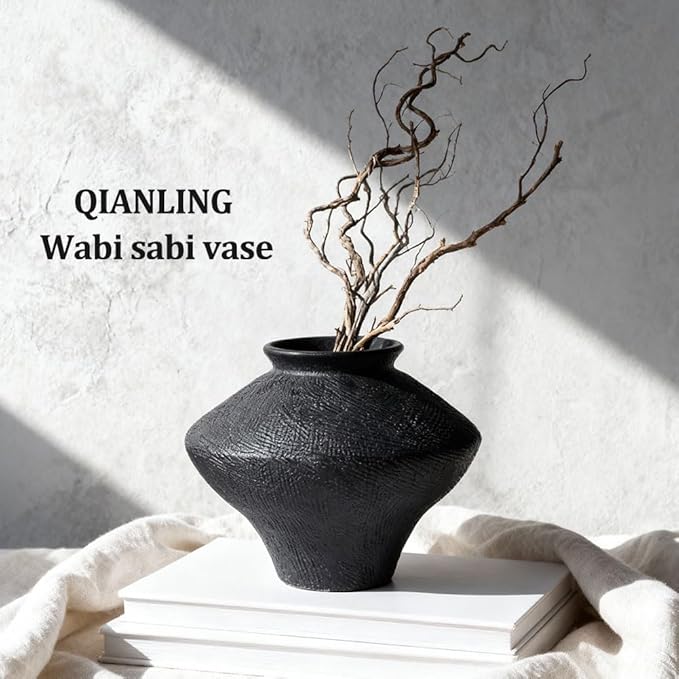 Wabi Sabi Vintage Black Vase, 6.1" Tall Wabi Sabi Decor Rustic Farmhouse Pottery Vase for Centerpiece, Textured Pottery Flower Vases for Home Decorative, Table, Living Room, Bedroom, Bathroom, Kitchen