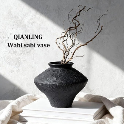 Wabi Sabi Vintage Black Vase, 6.1" Tall Wabi Sabi Decor Rustic Farmhouse Pottery Vase for Centerpiece, Textured Pottery Flower Vases for Home Decorative, Table, Living Room, Bedroom, Bathroom, Kitchen