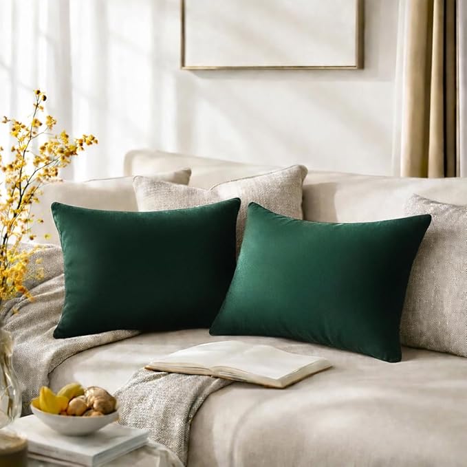 QUORGVES Green Velvet Pillow Covers 12x20 Inch Set of 2, Soft Solid Decorative Lumbar Throw Pillow Covers, Decor Cushion Covers for Bed Sofa Couch Bedroom Living Room - Dark Forest Hunter Emerald