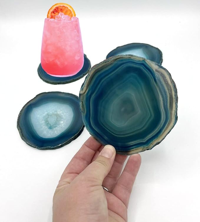 AMOYSTONE Teal Agate Coasters Set of 4, 3-3.5 Inch Handcrafted Slices, Lightweight Stone Coasters, for Teen Girl, College Dorm Room Decor