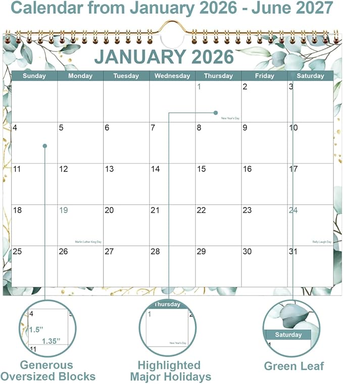 2026 Calendar - Calendar 2026-2027 from January 2026 - June 2027, 18 Months Calendar with Premium Paper, Twin-Wire Binding & Hanging Hook, 8.5" x 11", Leaf